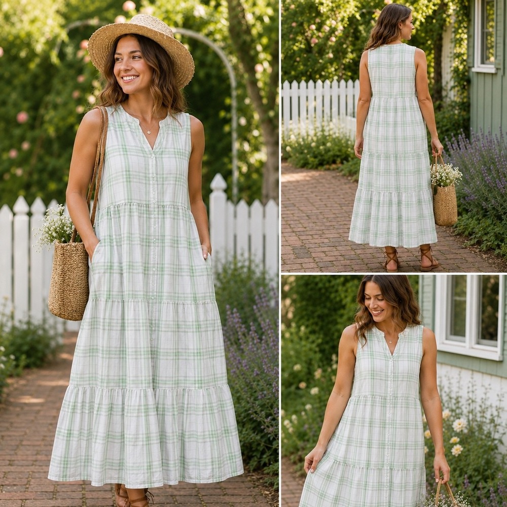 CHAPS Plaid Tiered Maxi Dress Large Mint Green Prairie Cottagecore Pockets Vneck